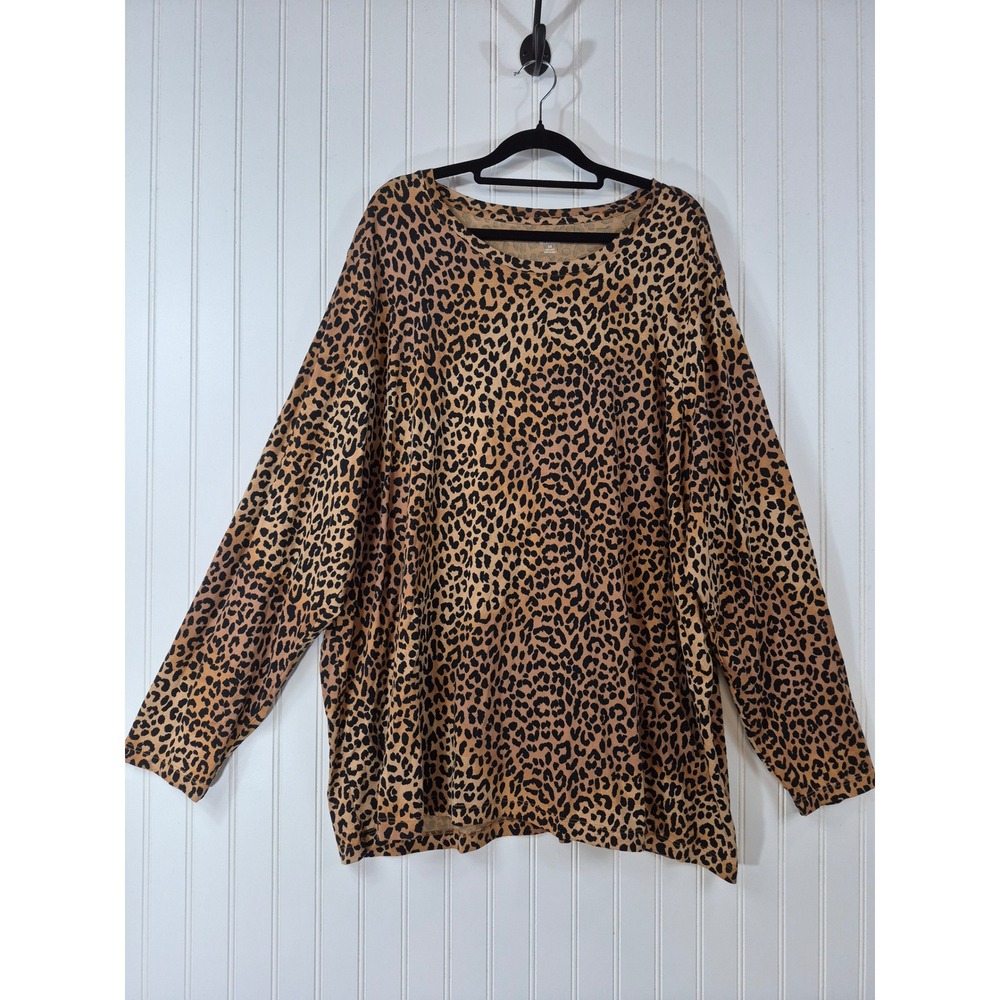 Lands End 3X Leopard Print Long Sleeve 100% Supima Cotton Relaxed Fit Tee